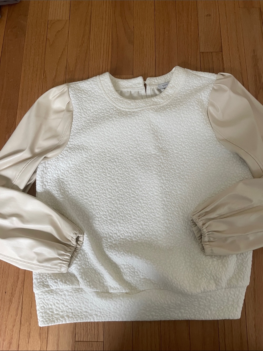 Ivory Textured Sweatshirt with vegan leather sleeves